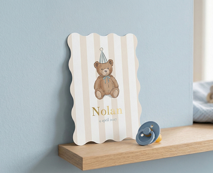 Geboortekaartje Beertje Muts Streepjes beige blauw Nolan