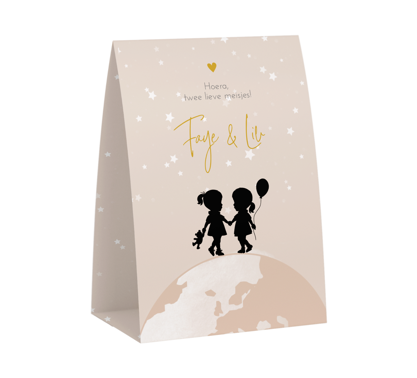 Tentvorm geboortekaartje tweeling met silhouetjes op wereldbol