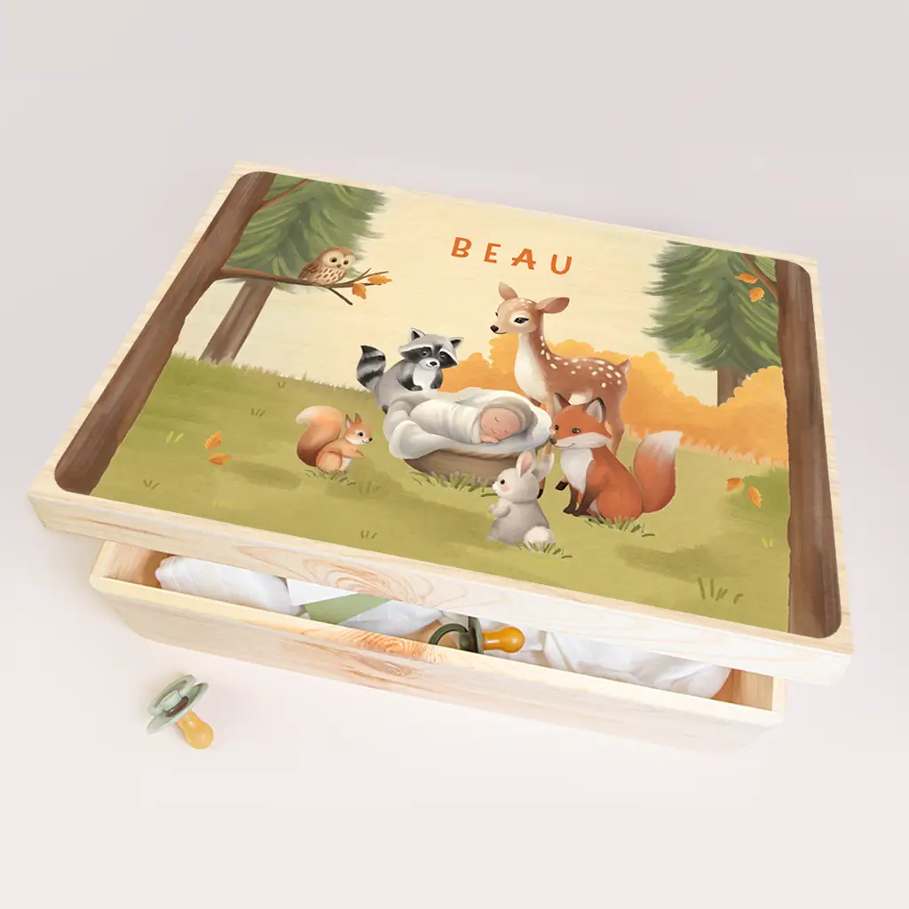 Memorybox baby met bosdieren en herfstlucht