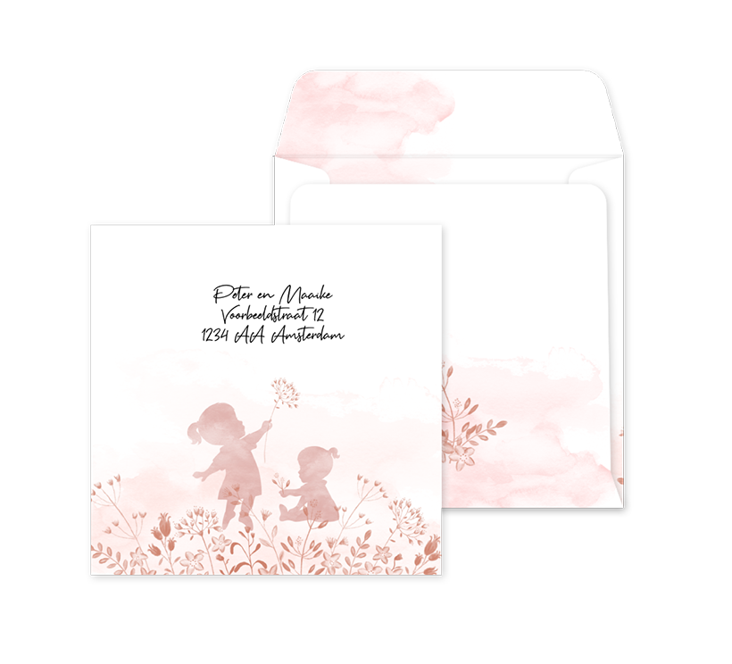 Watercolour envelop op maat met silhouetjes en bloemen