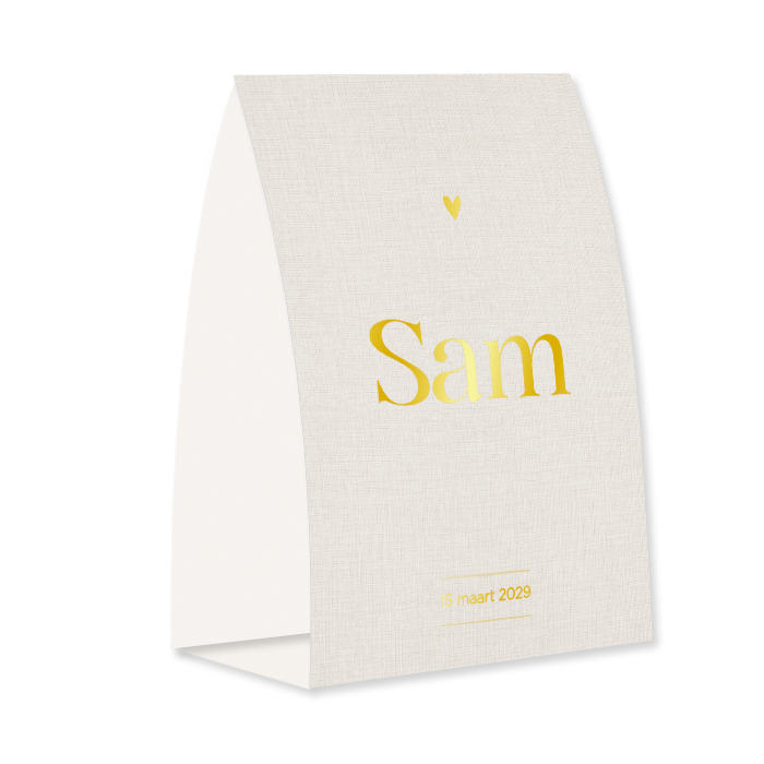 Uni geboortekaartje linnenlook met goudfolie in tentvorm