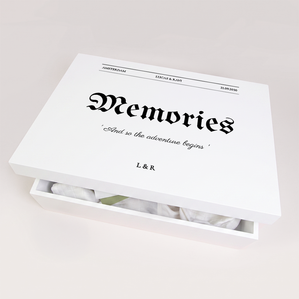 Memorybox huwelijk in krant stijl