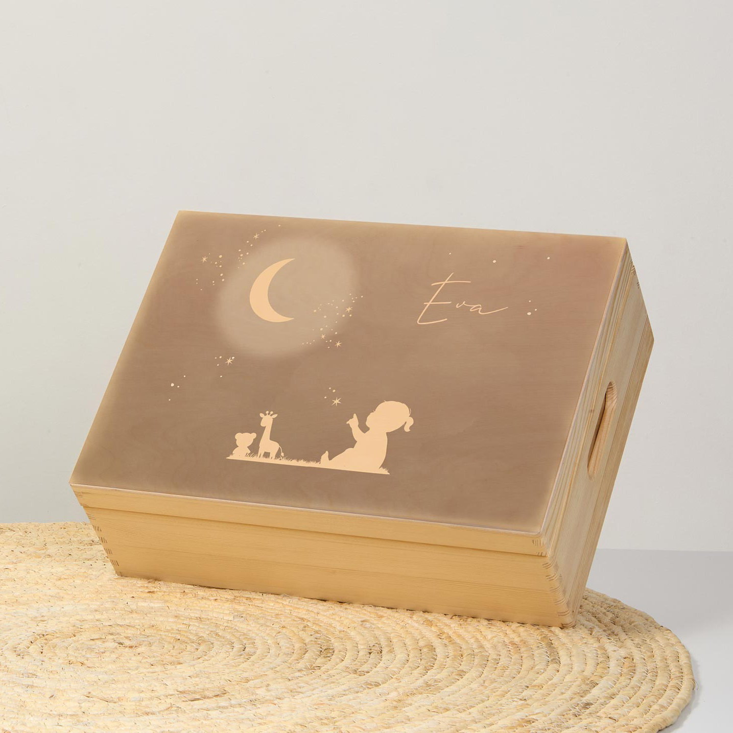 Houten bewaarbox in donker roze met maan en sterren