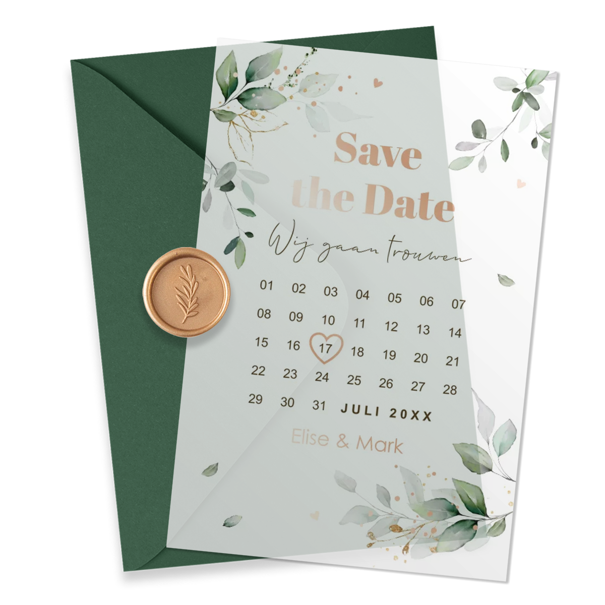 Save the Date kaart botanisch kalender op kalkpapier