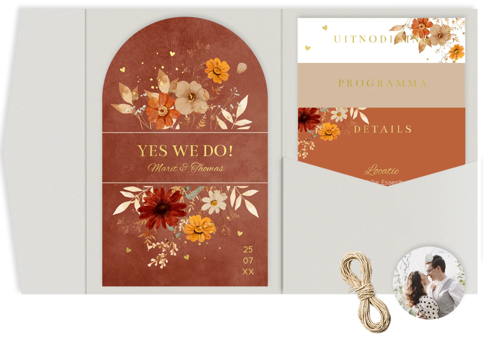 Pocketfold trouwkaart roestbruin herfst bloemen goudfolie