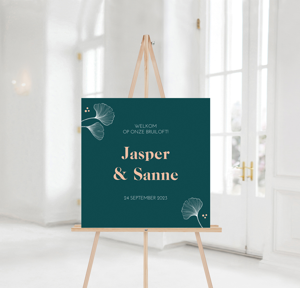 Trouwen welkomstbord donkergroen ginkgo