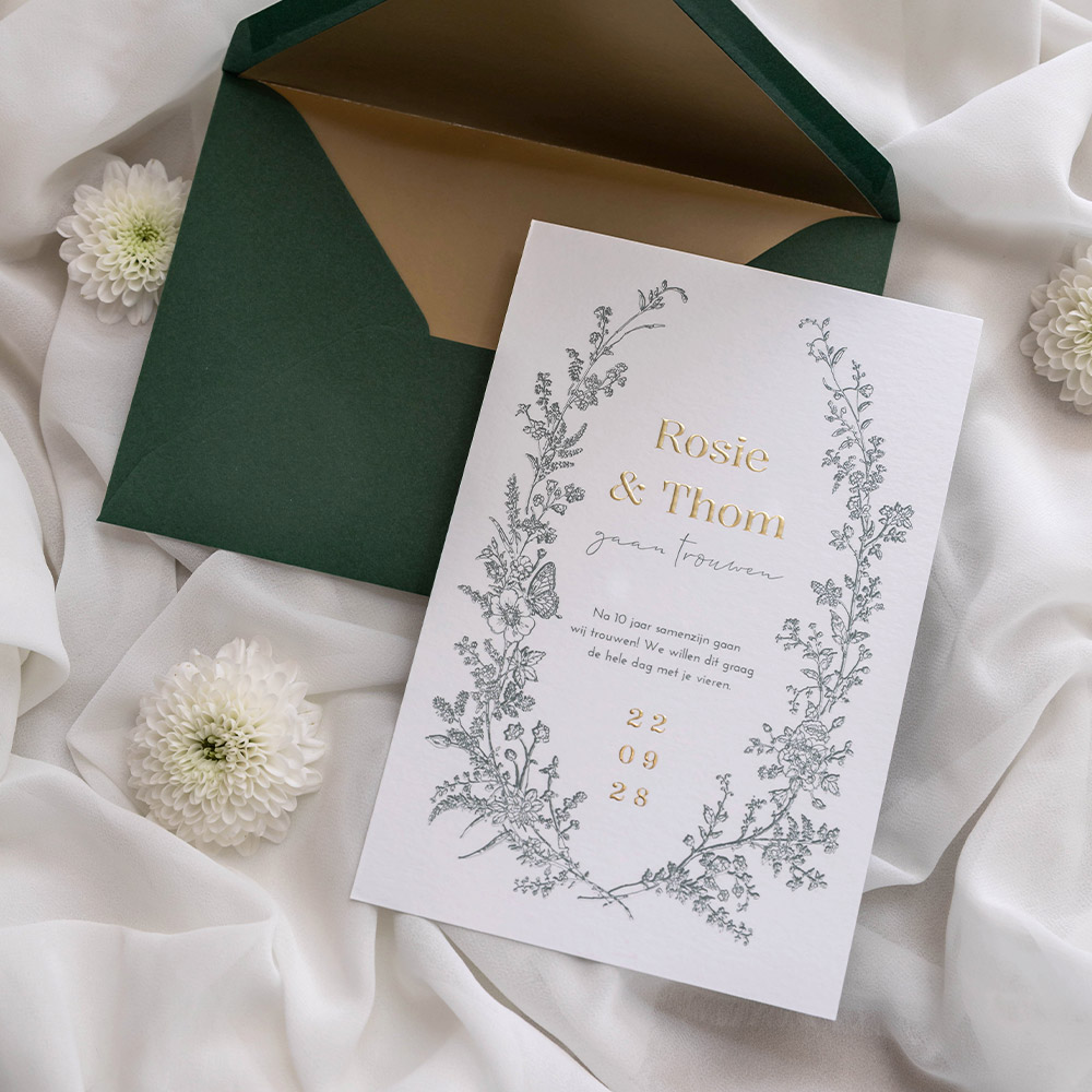 Trouwkaart vintage bloemen rand groen goudfolie