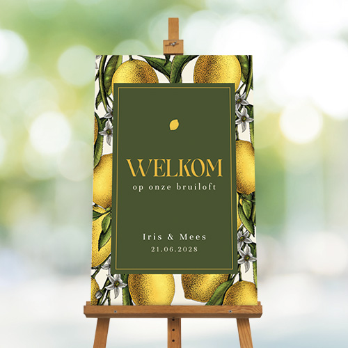 Bruiloft welkomstbord met citroenen