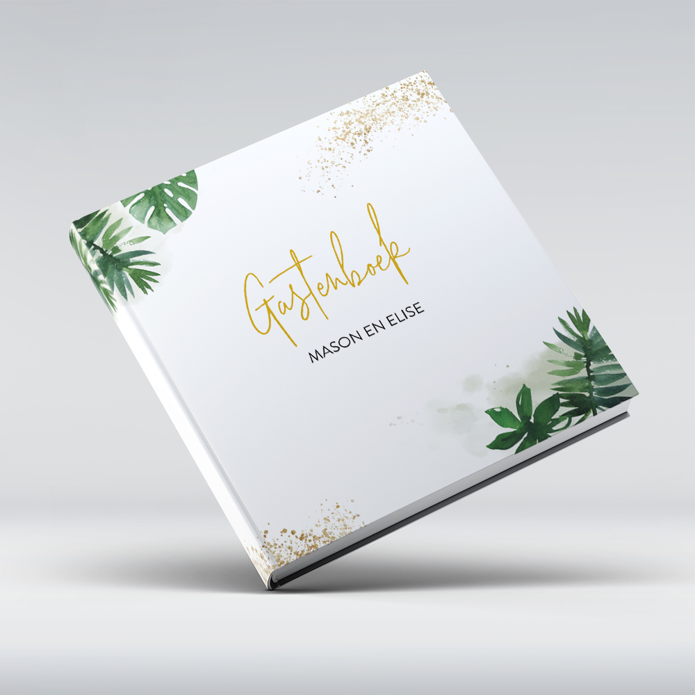 Tropisch gastenboek met bladeren en gouden spetters