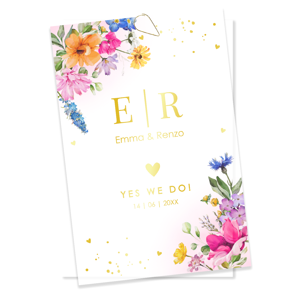 Trouwkaart kalkpapier fleurige bloemen goudfolie (set 2 kaarten)