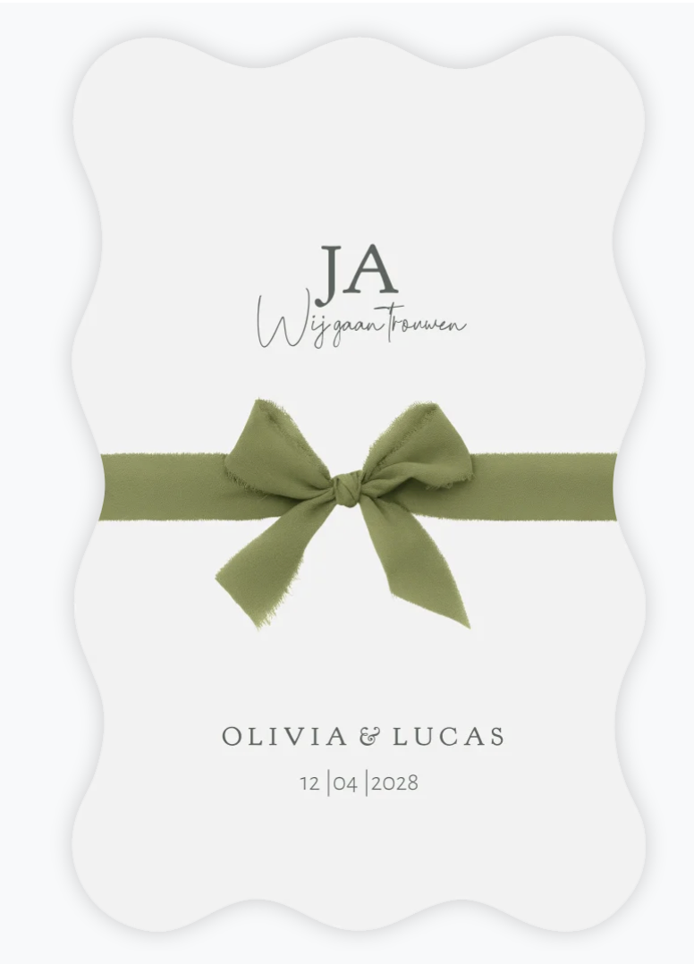 Trouwkaart strik van lint wit design stansvorm