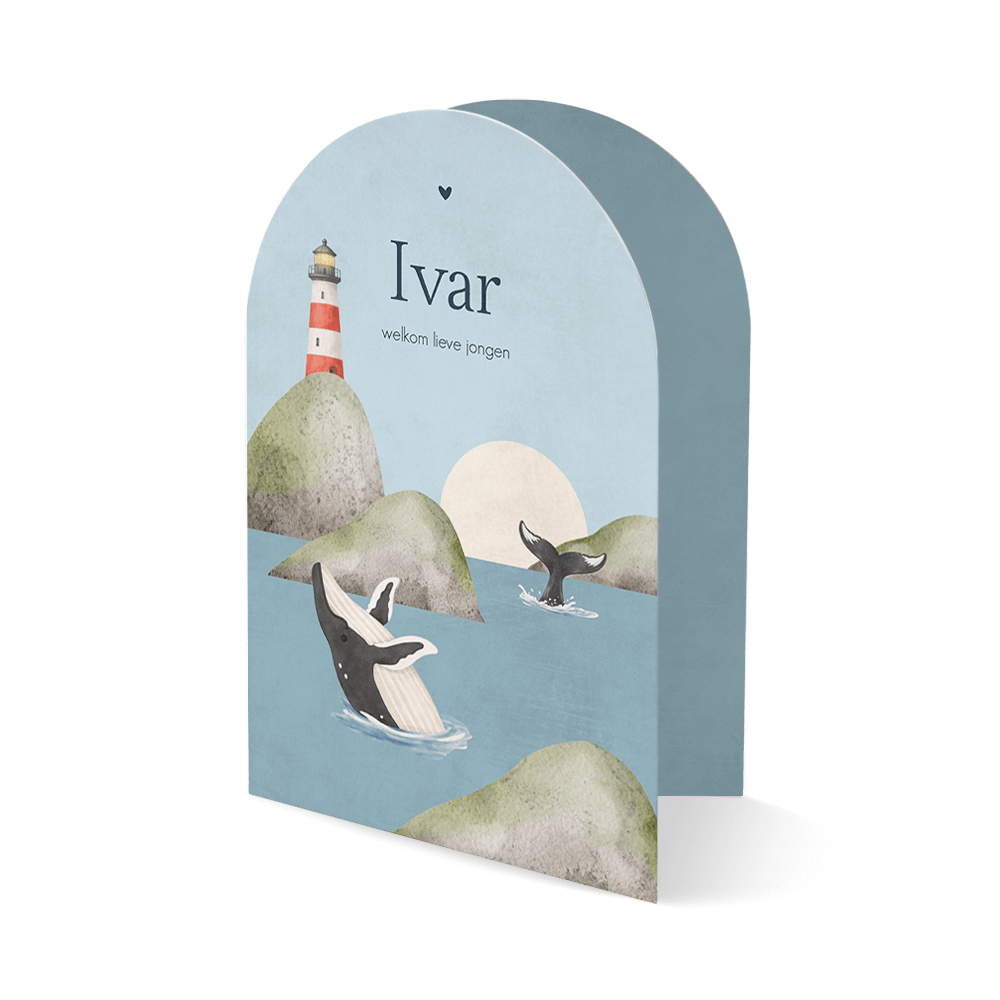 Uniek jongens geboortekaartje in dubbele boogvorm met walvissen