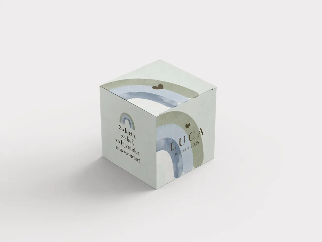 Regenboog watercolor doopsuikerdoosje in groene pastelkleuren