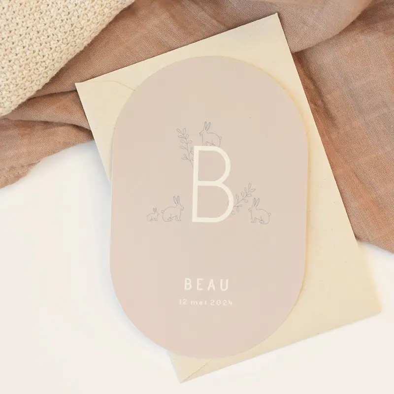 Uniek beige geboortekaartje voor jongen met lijntekening konijntjes