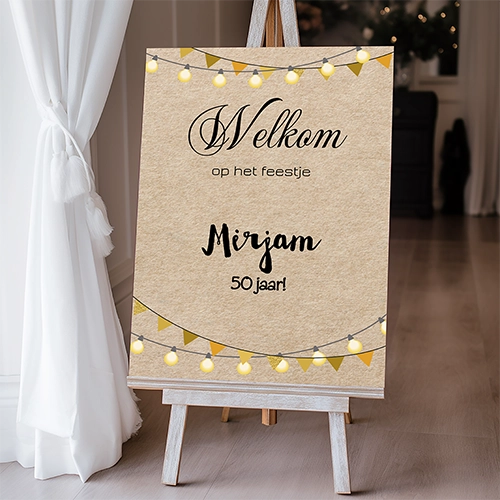 Welkomstbord feestje met lichtslinger