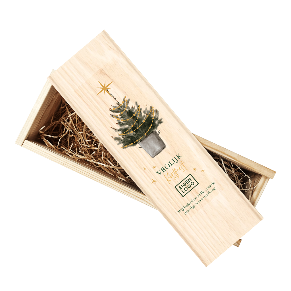 Wijnkist voor zakelijke relatie met kerstboom en lampjes