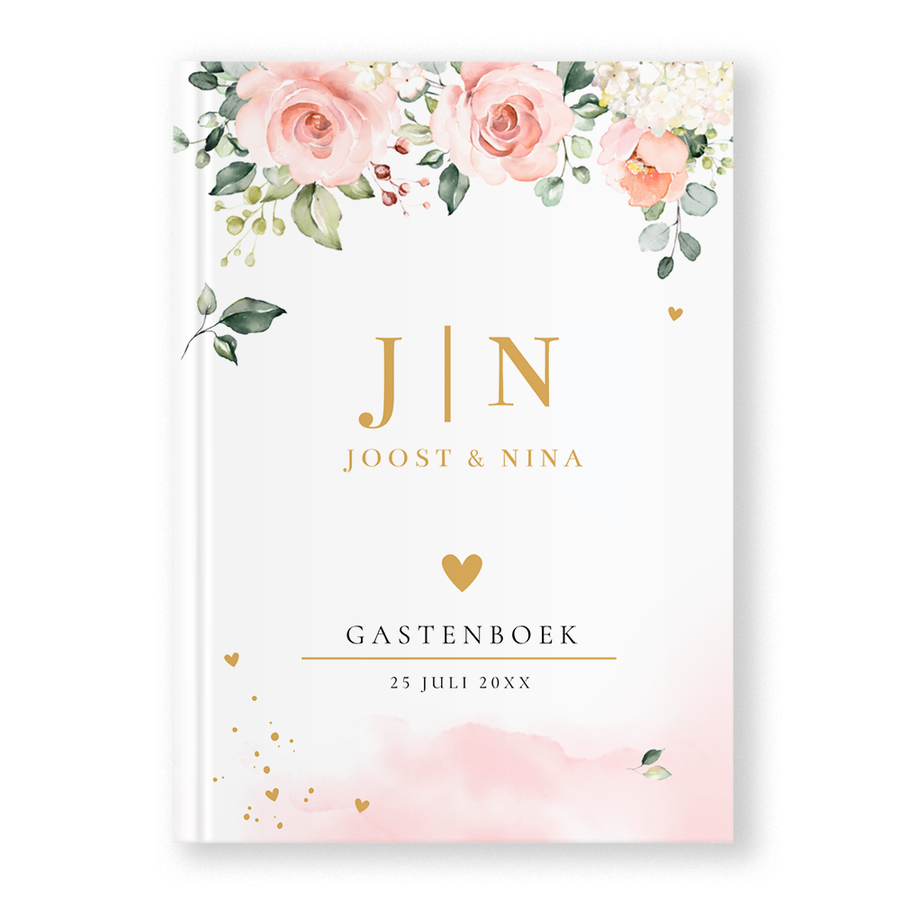 Gastenboek huwelijk roze aquarel bloemen