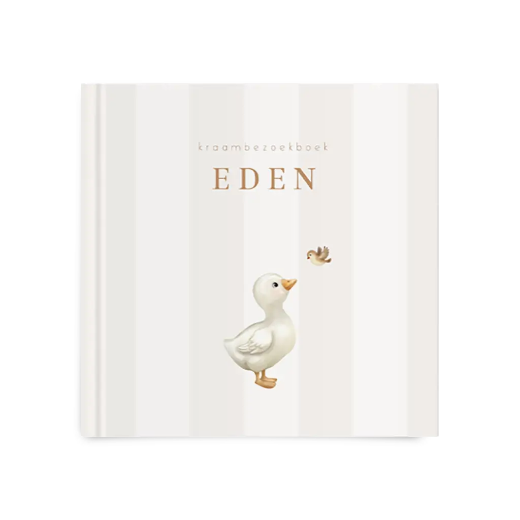 Kraambezoekboek met eendje en vogel op beige strepen