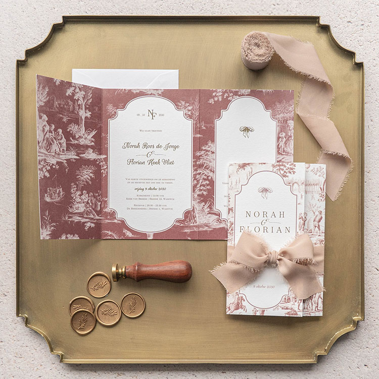 Vintage drieluik trouwkaart mapje met Toile de Jouy