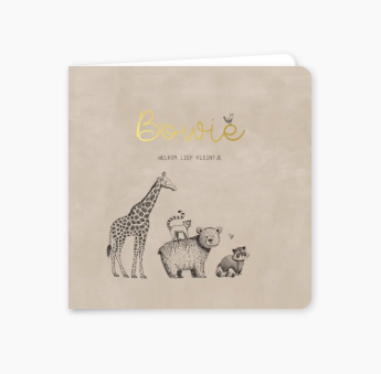 Hip goudfolie geboortekaartje beige met getekende dieren