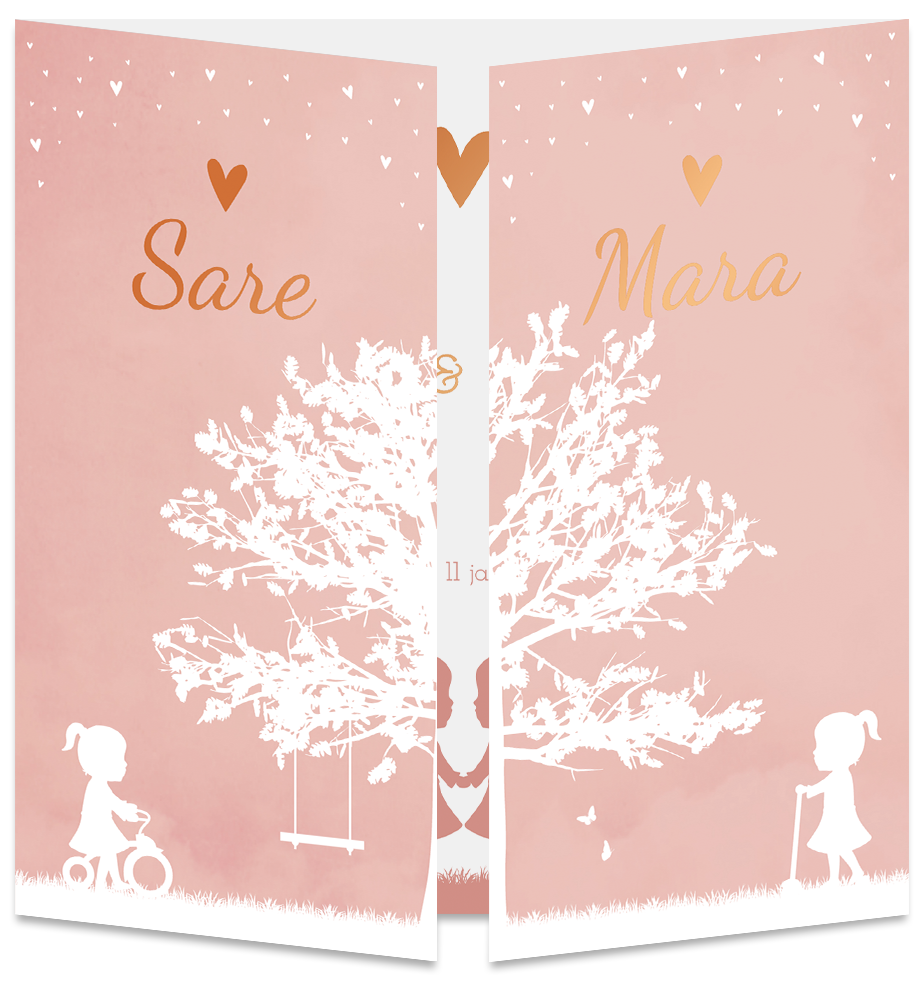 Geboortekaartje Tweeling Luikkaartje Boom Roze