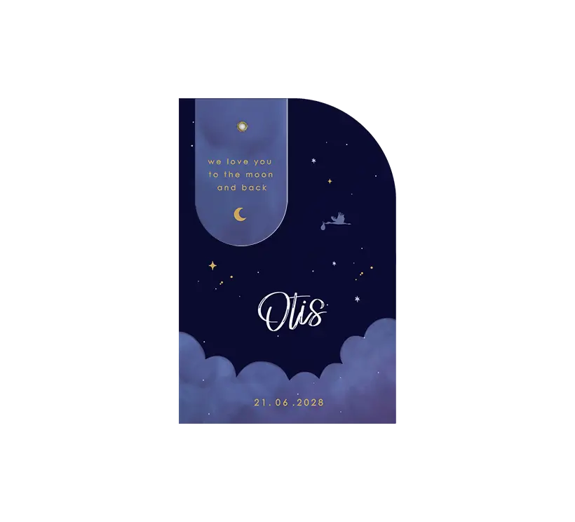 Label geboortekaartje blauw met sterrenhemel