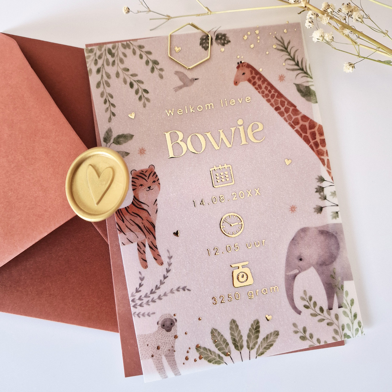 Geboortekaartje kalkpapier jungle dieren goudfolie