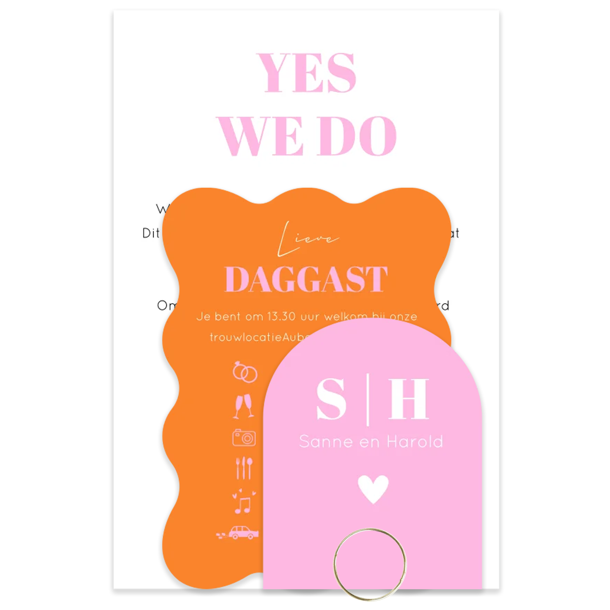 Stapelkaart trouwkaart modern oranje roze golvend kader