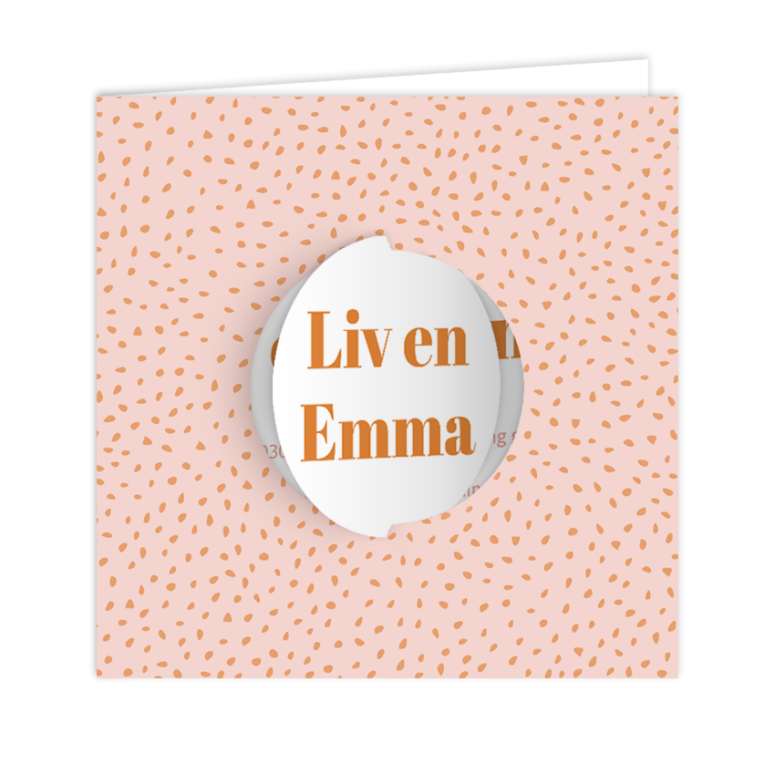 Tweeling kaartje met draairondje en oranje stippen op roze achtergrond