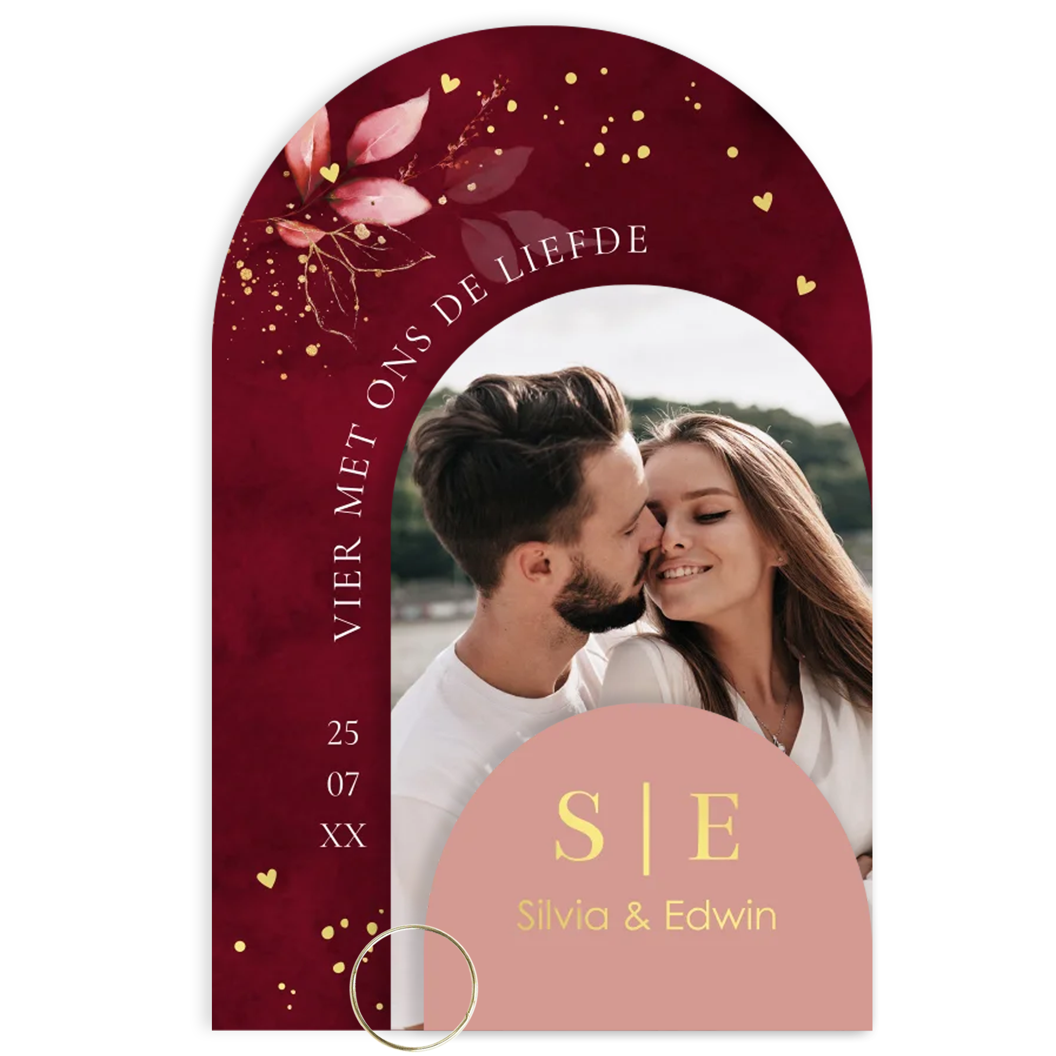 Labelkaart trouwkaart rood floral boog foto