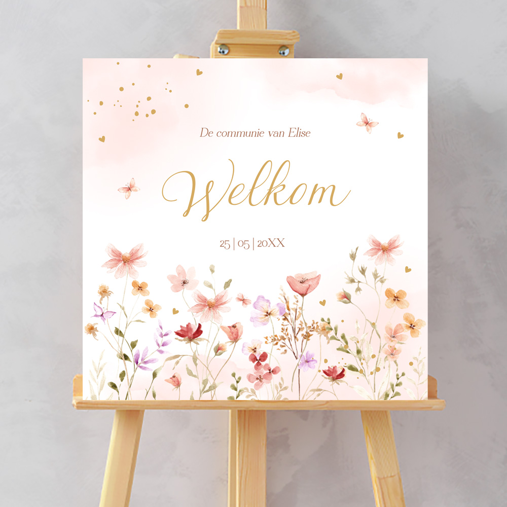 Welkomstbord communie meisje roze bloemen watercolor