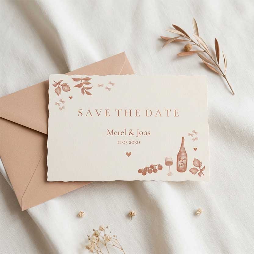 Save the date Italiaanse bruiloft met citroenen, pasta en champagne