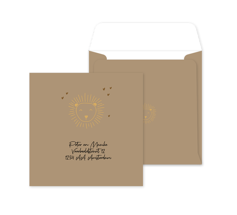 Stoere envelop op maat met lijntekening van leeuwenhoofd