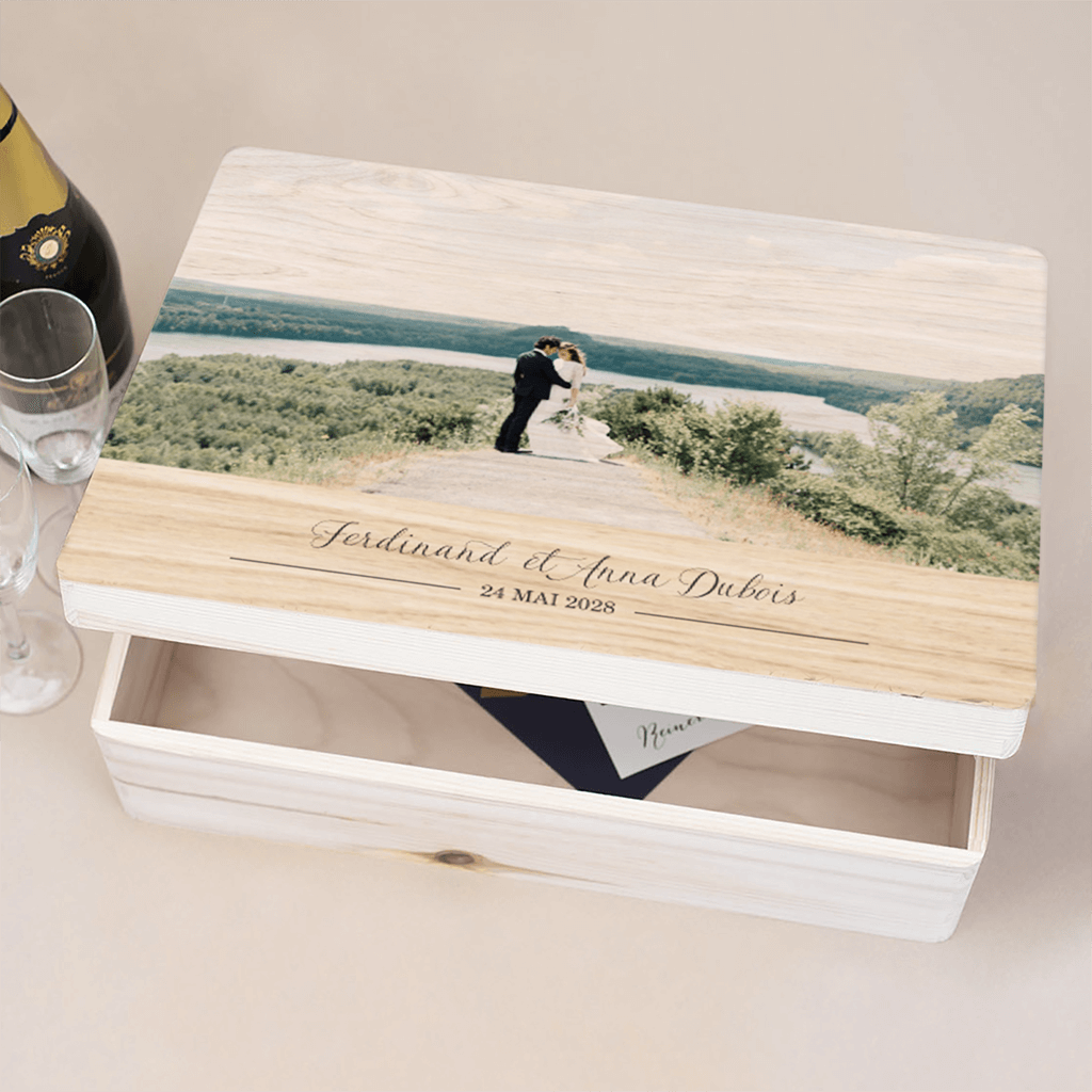 Boîte à souvenirs avec photo à personnaliser, prénoms des mariés