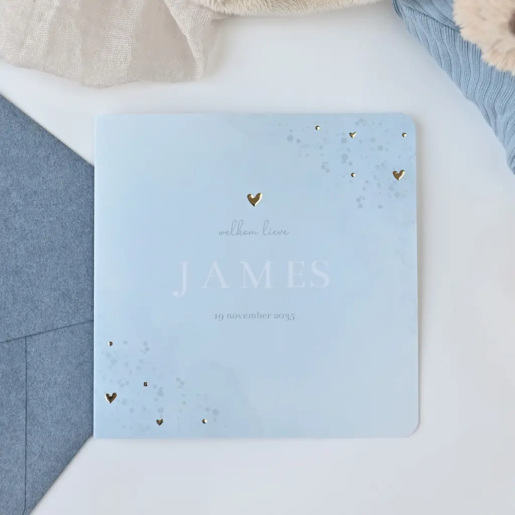 Geboortekaartje jongen met lichtblauwe watercolour en goudfolie