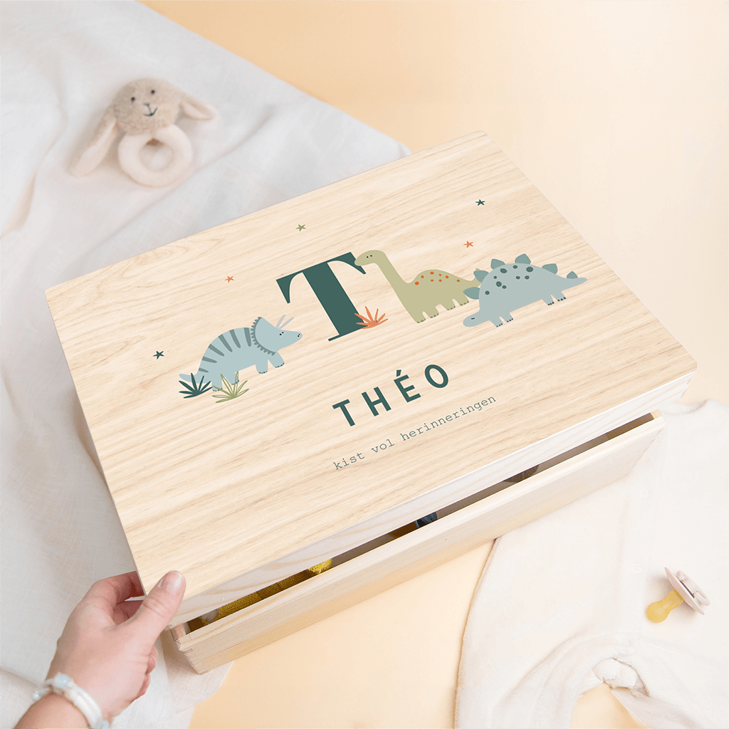 Houten kist met dinosaurussen en initiaal