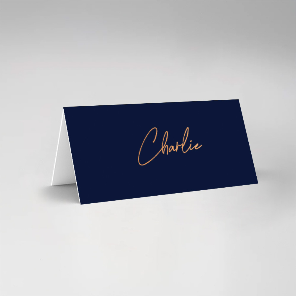 Bruiloft naamkaartjes dubbel gevouwen stijlvol donkerblauw koperfolie