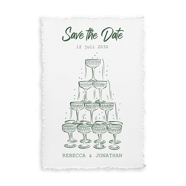 Vintage Save the Date met champagnetoren