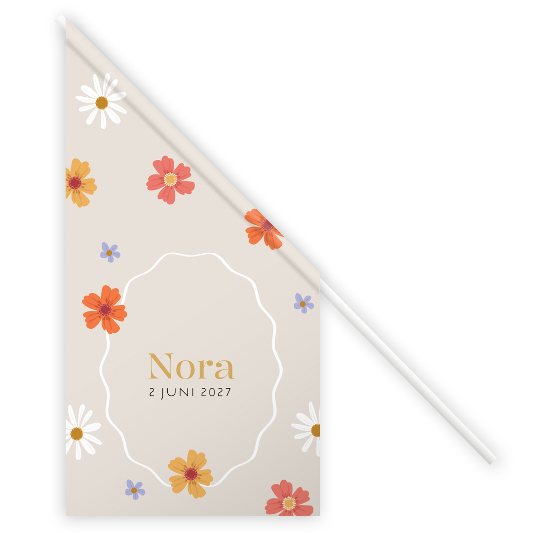 Geboortevlag voor bij geboortekaartje met bloemen