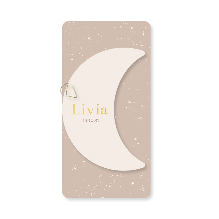 Langwerpig geboortekaartje oudroze met maan label goudfolie