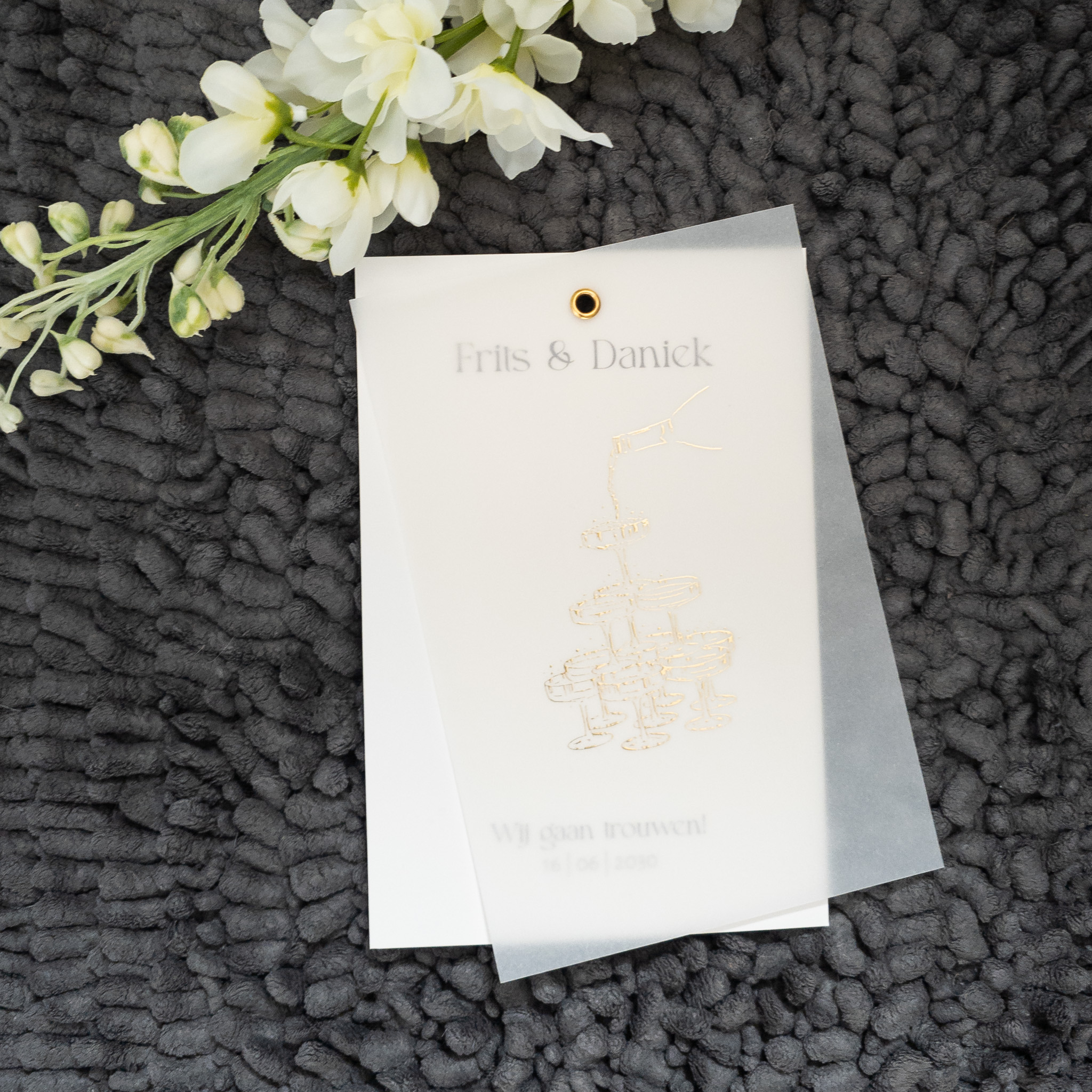 kalkpapier trouwkaart champagnetoren