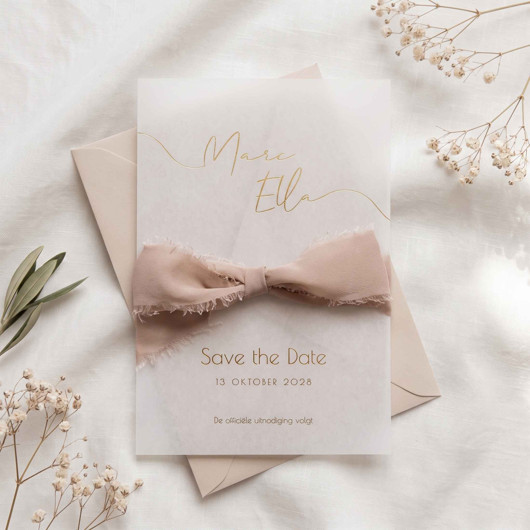 Save the Date kalkpapier goudfolie met strik