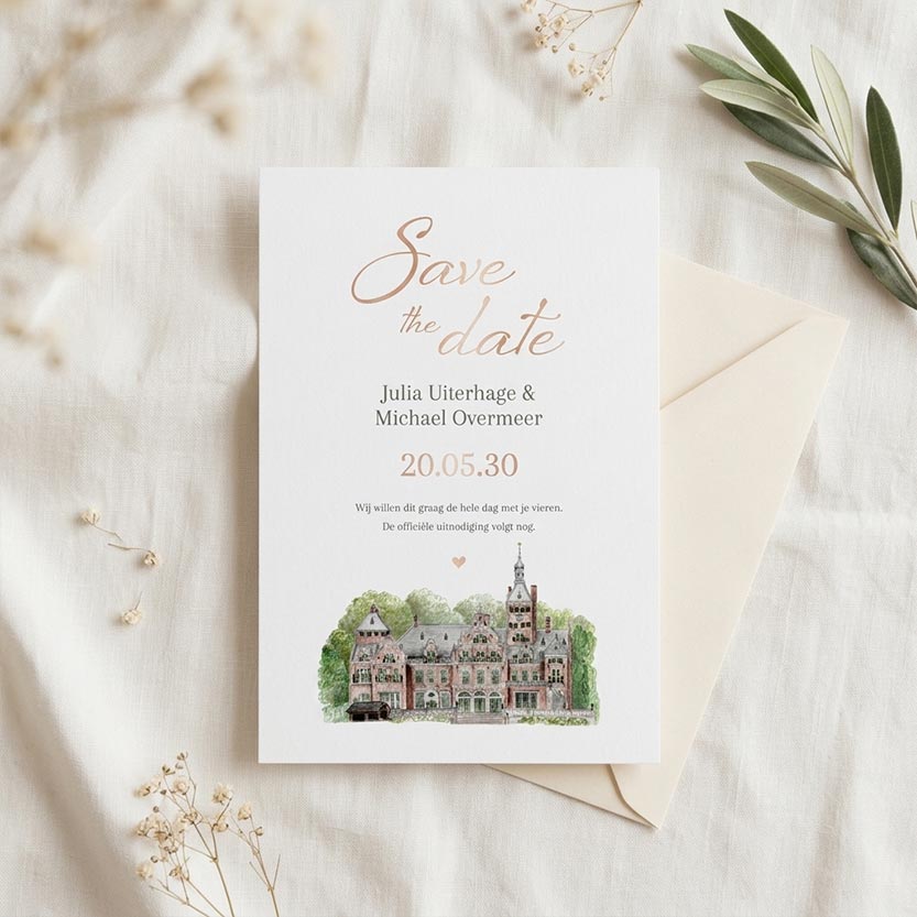 Save the Date kalkpapier trouwlocatie Duin & Kruidberg roséfolie