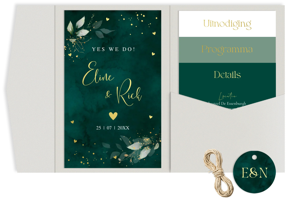 Pocketfold trouwkaart donkergroen botanisch goudfolie 