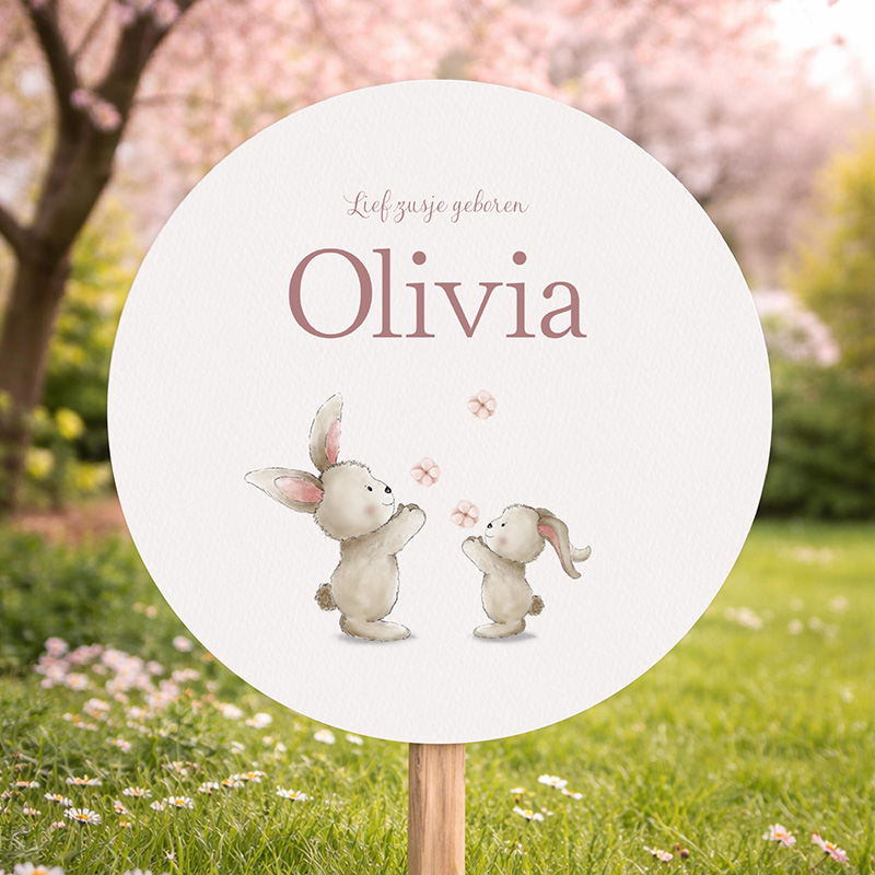 Geboorte tuinbord rond roze met konijntjes en bloemen – lief zusje