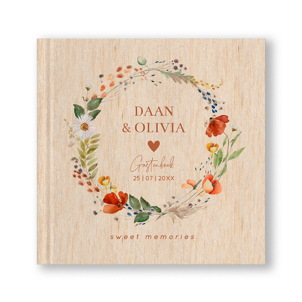 Gastenboek huwelijk veldbloemen rood houtlook