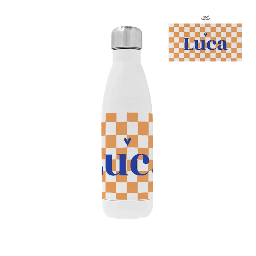 Trinkflasche aus Edelstahl mit Namen und Colorblocking-Design in Orange/Blau   