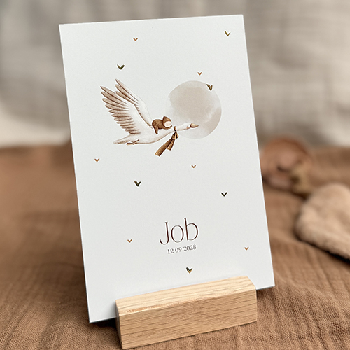 Klassiek geboortekaartje jongen met ooievaar en goudfolie