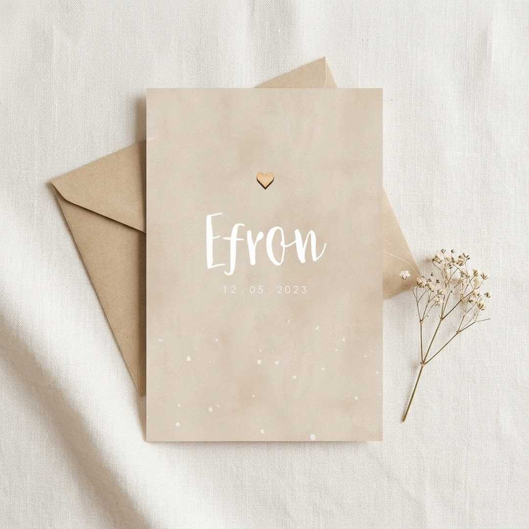 Geboortekaartje zandkleur watercolor met houten hartje
