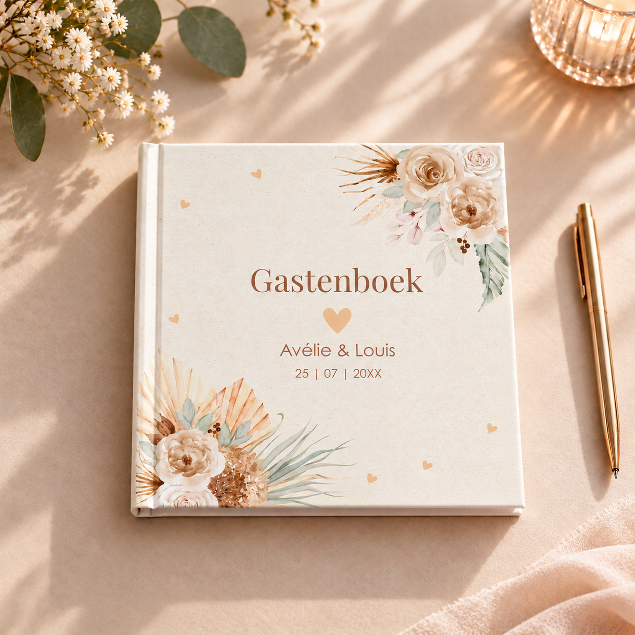 Gastenboek bruiloft bohemian bloemen beige vierkant